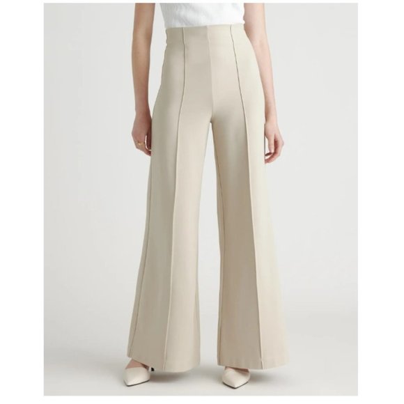 Quince Pants - Quince Ultra-Stretch Super Wide Leg Ponte Pants Pleat High Waisted Ecru Beige PS